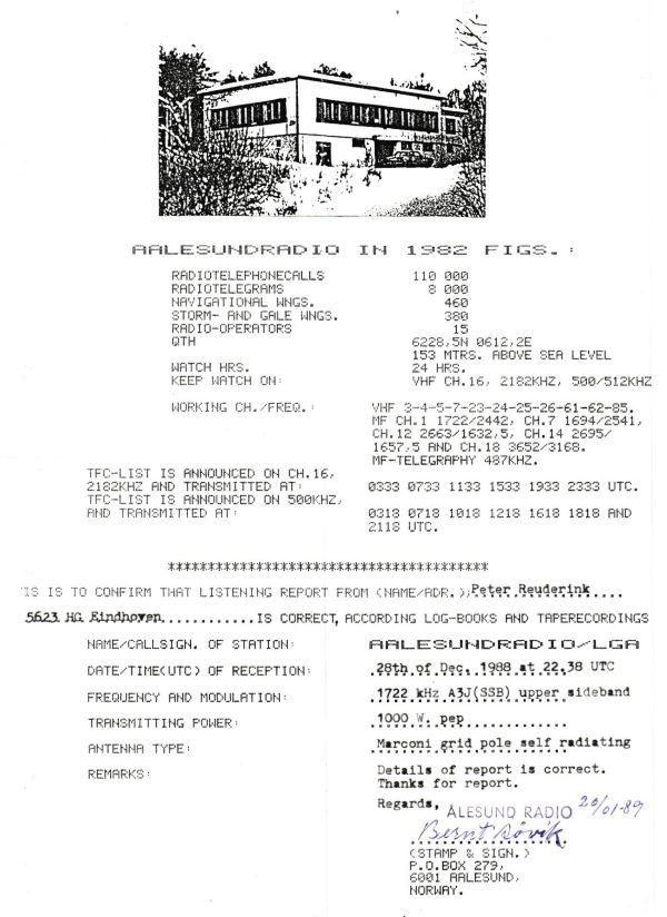 QSL Aalesund Radio from 1988, Norway