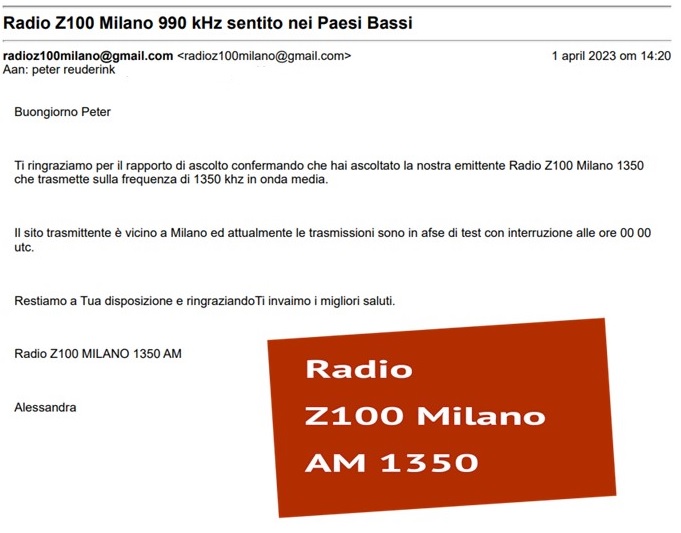 QSL Radio Z100 Milano, Italy