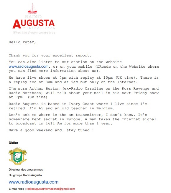 QSL Radio Augusta 1611 kHz