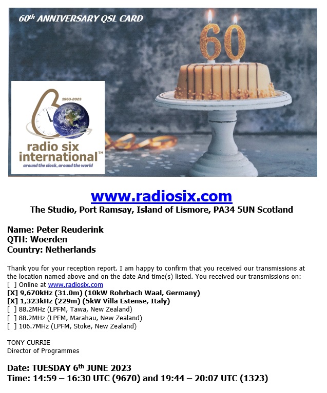 Radio Six International 60th anniversary QSL