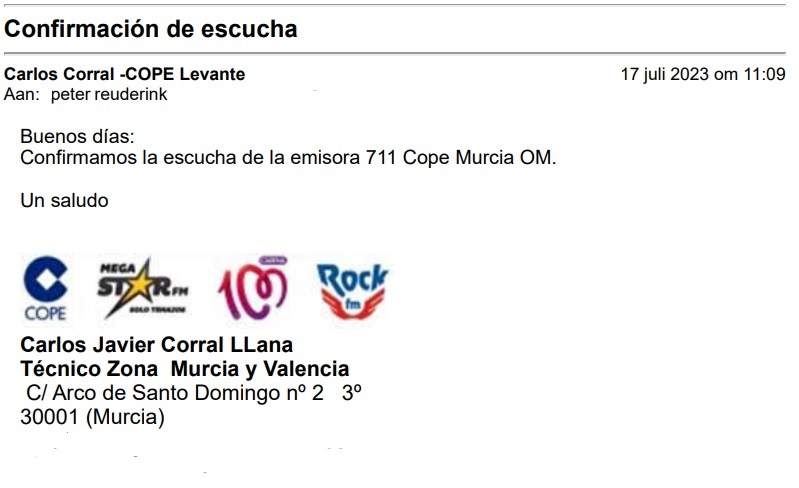 email confirmation of my reception of COPE Murcia on 711 kHz