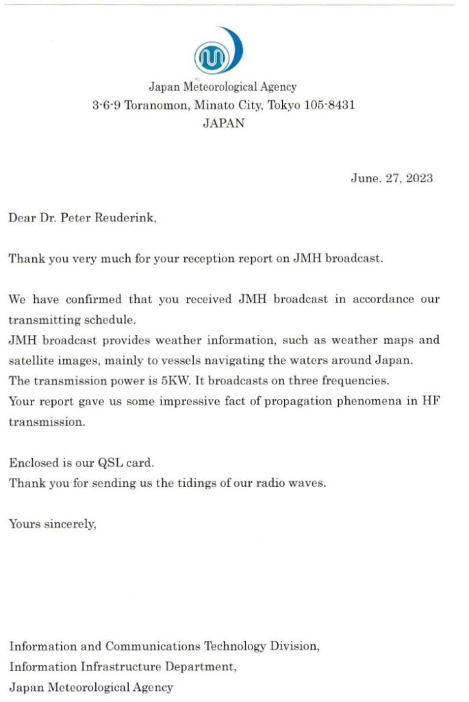 QSL from JMA Japan Meteorological Agency