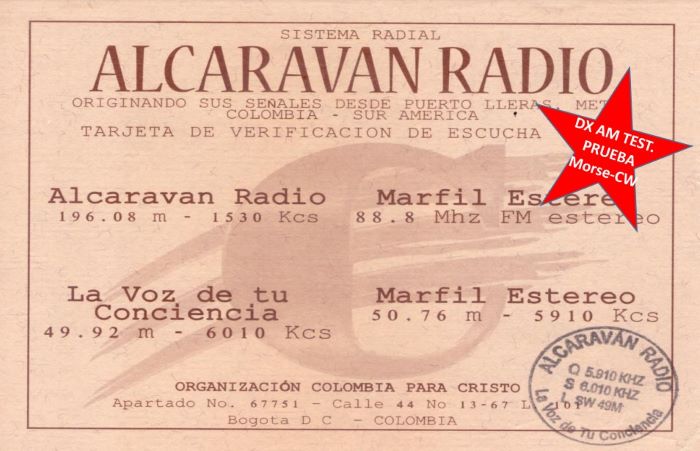 QSL Alcaravan Radio Puerto Lleras 5910 kHz