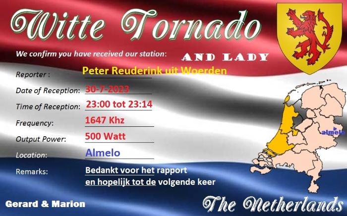 QSL Witte Tornado and Lady 1647 kHz