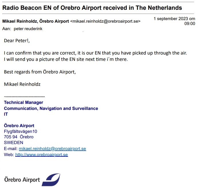 QSL NDB EN on 400 kHz for Örebro Airport, Sweden
