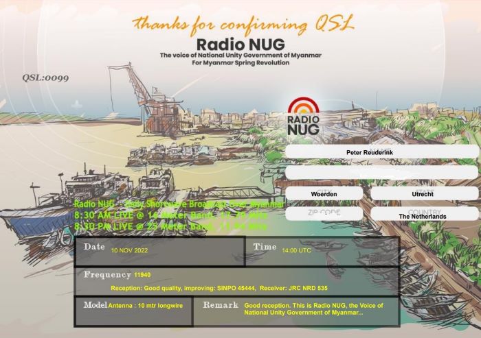 QSL Radio NUG, broadcasting from Paochung, Taiwan