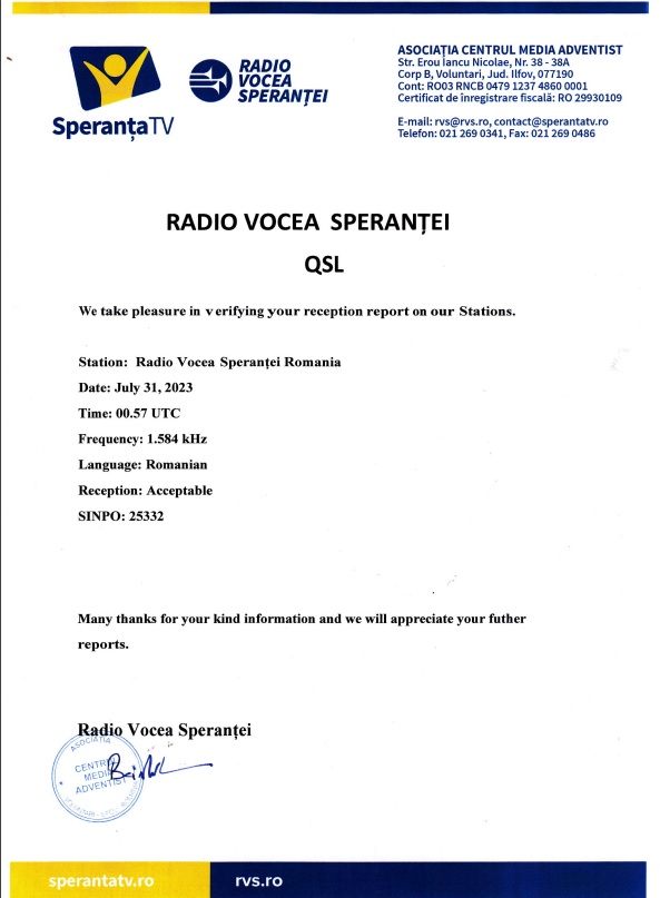 QSL letter from Vocea Sperantei