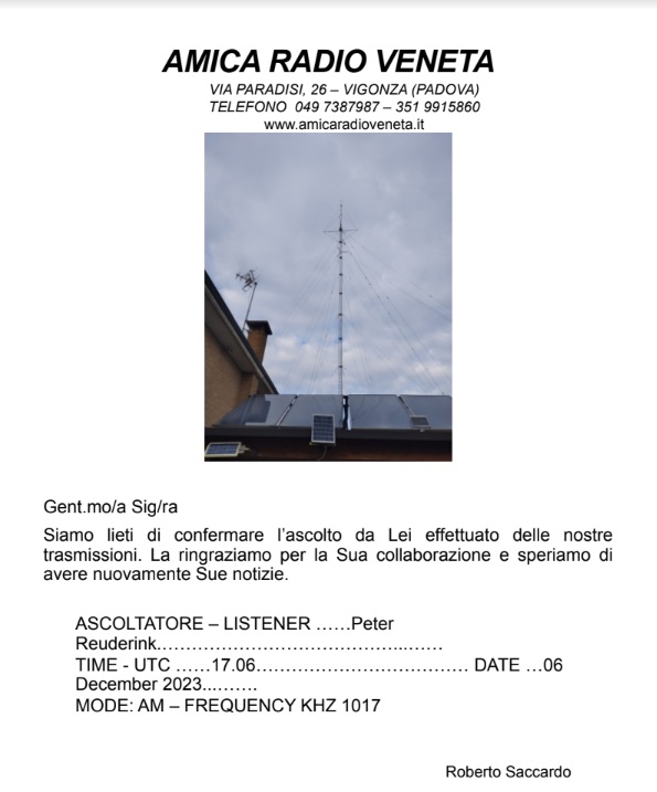 QSL Amica Radio Veneta, Italy