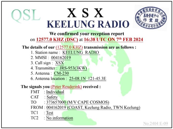 QSL XSX Keelung Radio Taiwan